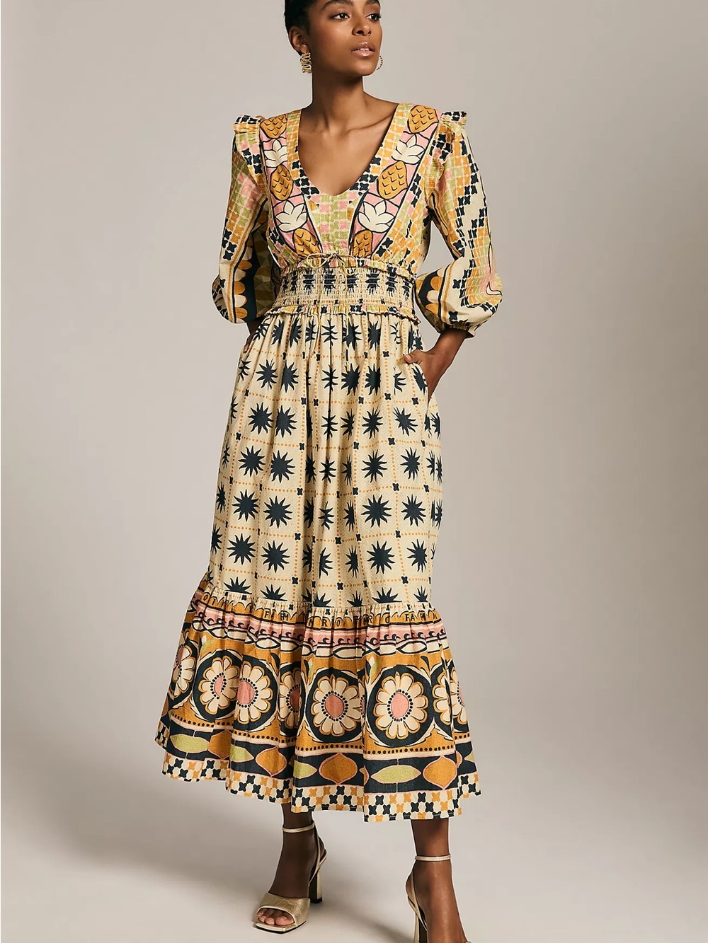 FARM Rio Cream Maxi Dress with Yellow, Black & Pink Print